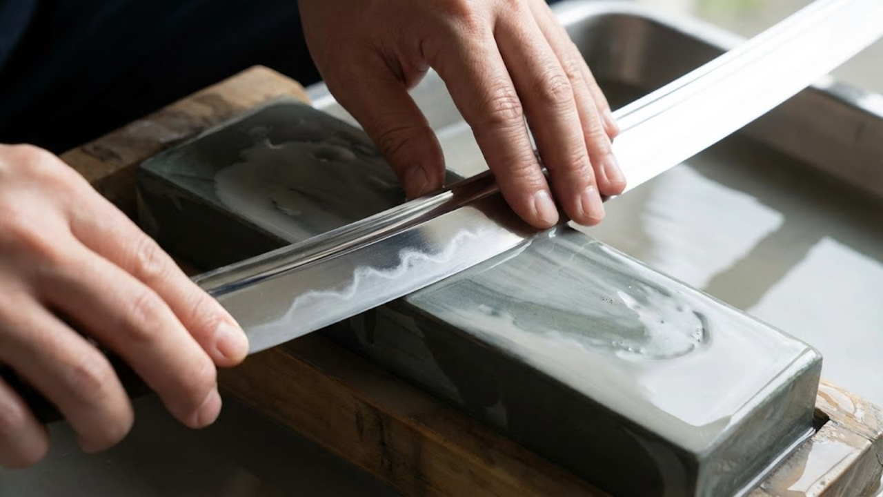 Mãos do artesão polindo a espada em uma pedra d'água, revelando o brilho e a linha do hamon sob a luz natural.