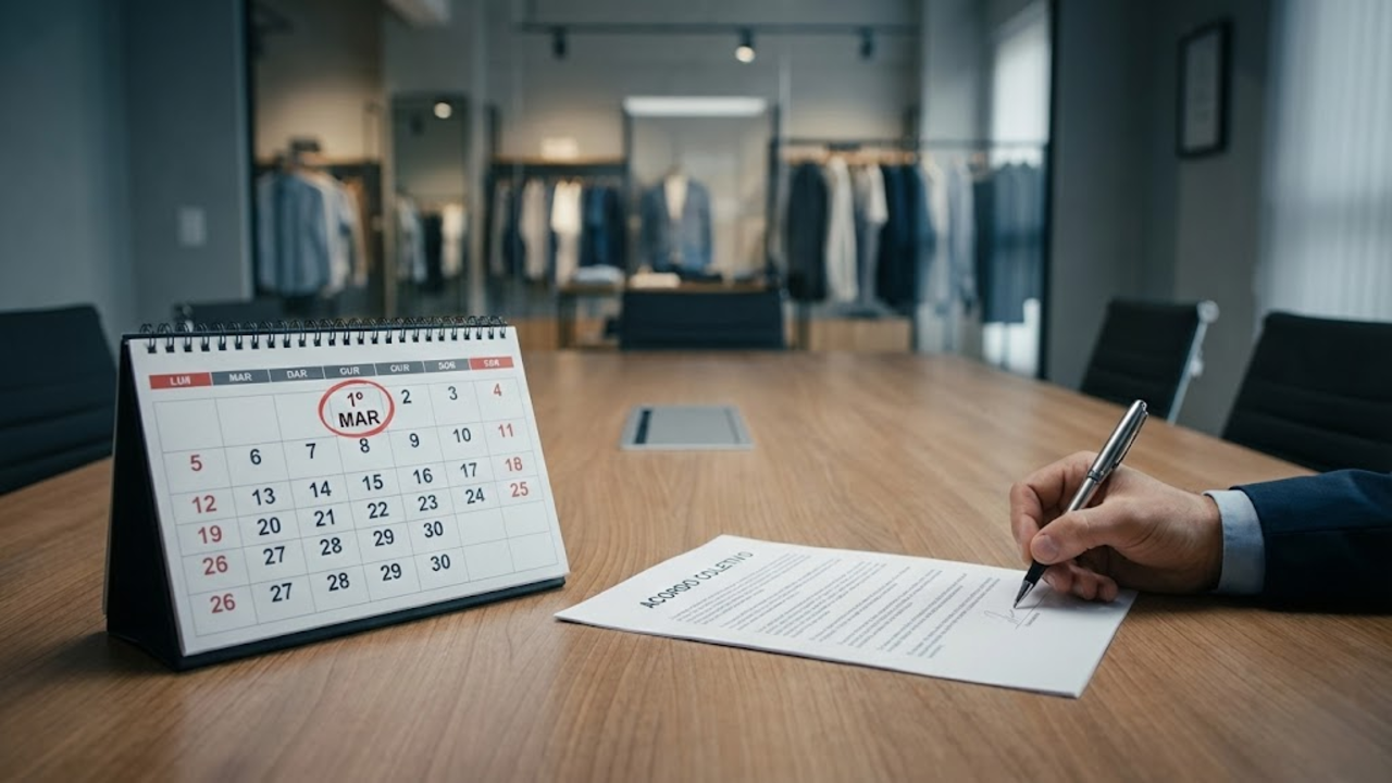 Calendário de mesa marcado em "1º MAR" ao lado de um documento de acordo coletivo sendo assinado, com uma loja ao fundo.