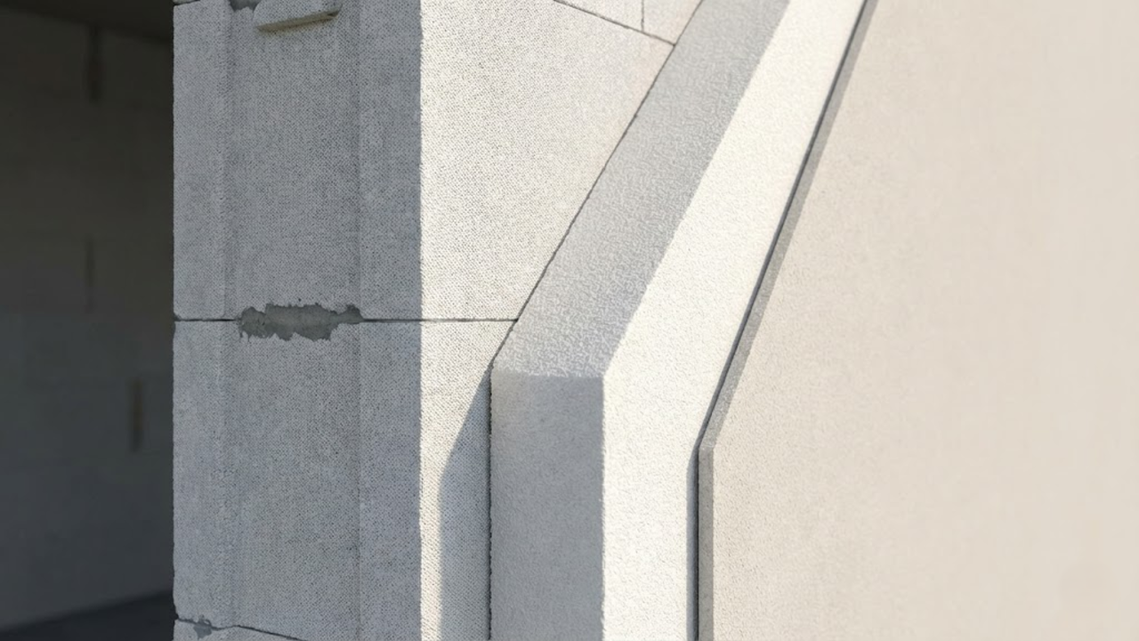 Close técnico mostrando as camadas da parede (bloco, isolamento térmico e fachada), destacando a robustez e eficiência térmica.