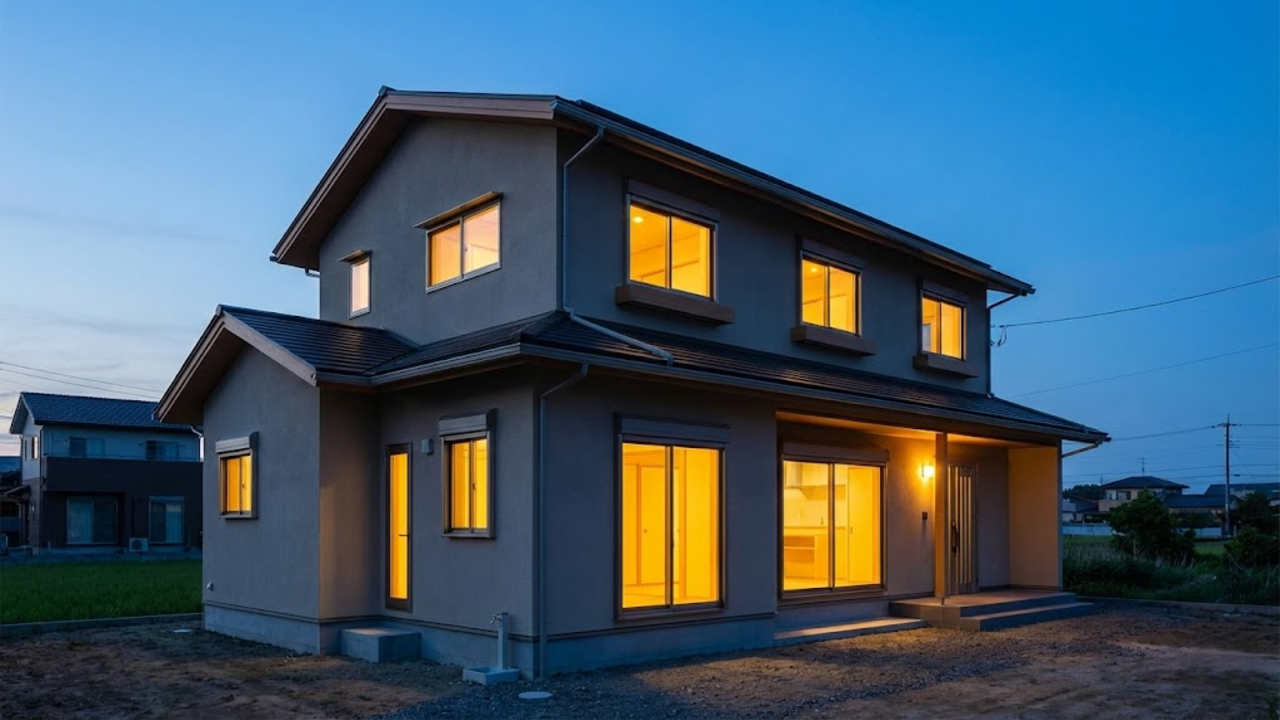 A casa totalmente finalizada ao anoitecer, com luzes quentes acesas nas janelas, simbolizando o legado e o conforto conquistado.