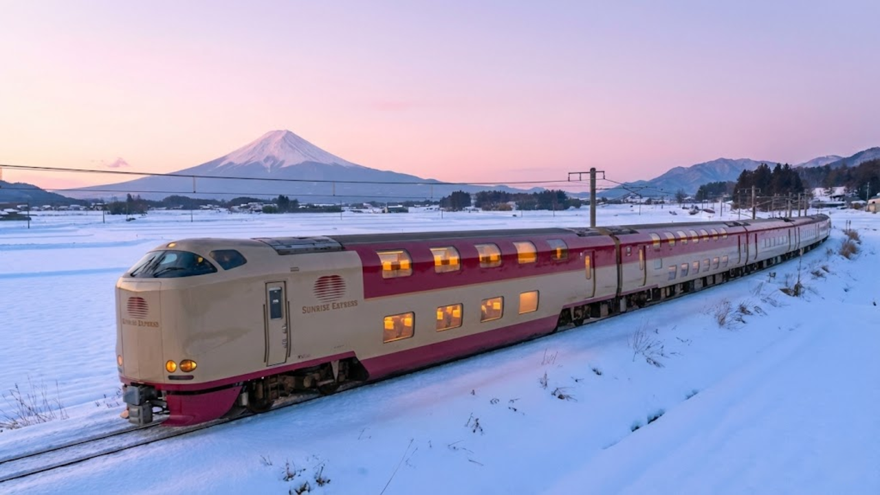 O trem Sunrise Express atravessando uma paisagem de neve ao amanhecer, com o Monte Fuji ao fundo e janelas iluminadas.