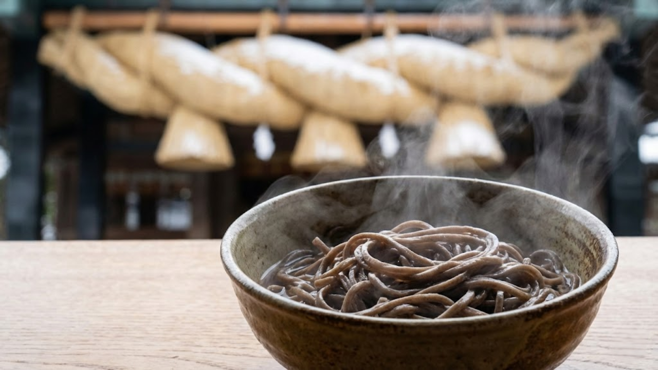 Close de uma tigela de soba quente soltando vapor, com o santuário de Izumo coberto de neve desfocado ao fundo.