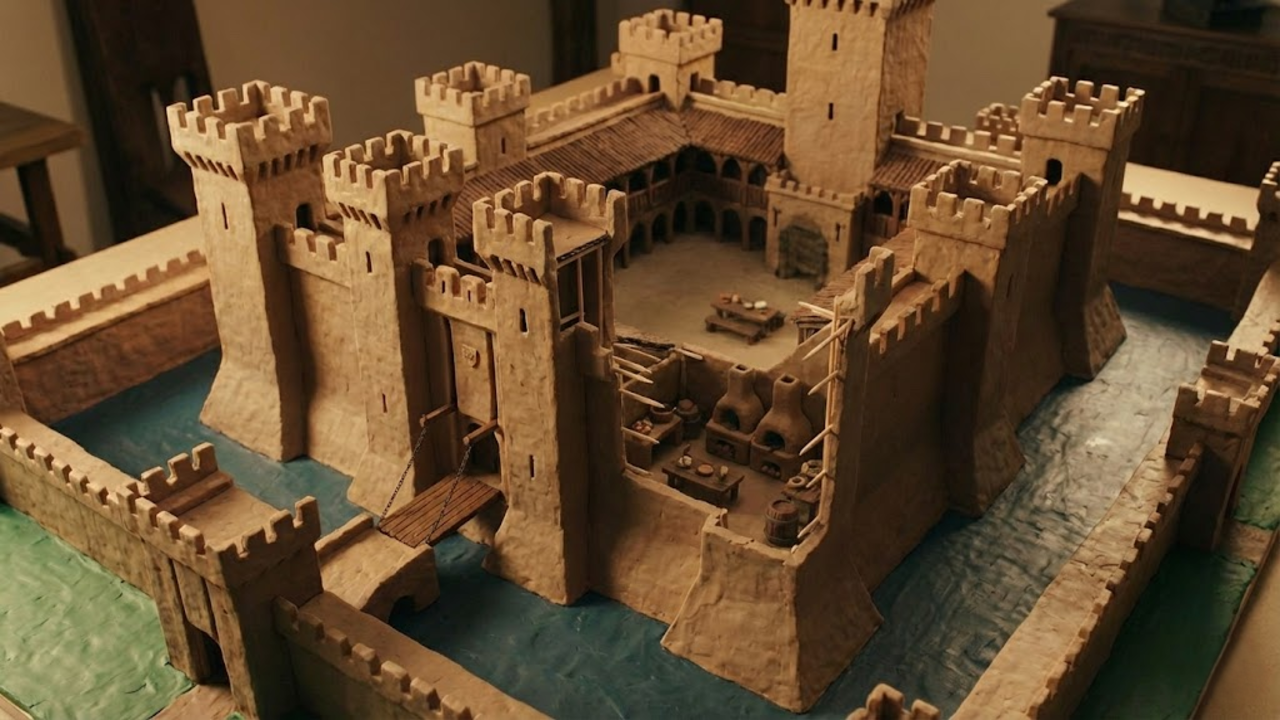 Close macro de um corte transversal da torre, revelando os cômodos internos (cozinha) e o "esqueleto" de palitos que sustenta a massinha.