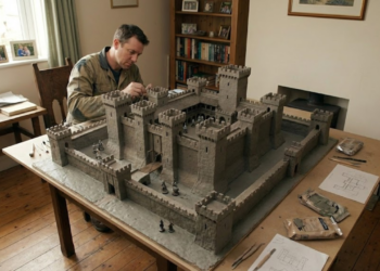 Escultura de castelo medieval feita de massa de modelar com detalhes arquitetônicos minuciosos