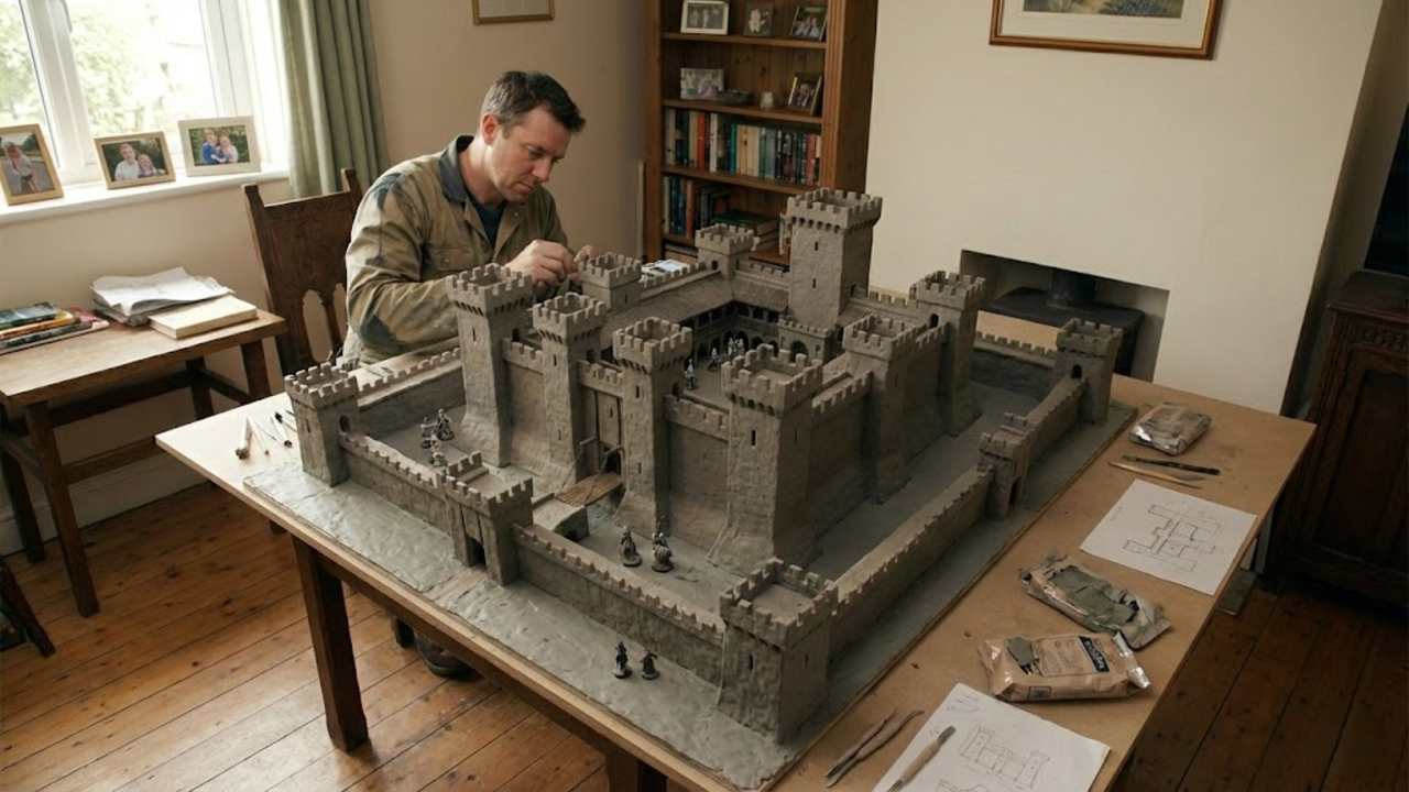 Escultura de castelo medieval feita de massa de modelar com detalhes arquitetônicos minuciosos