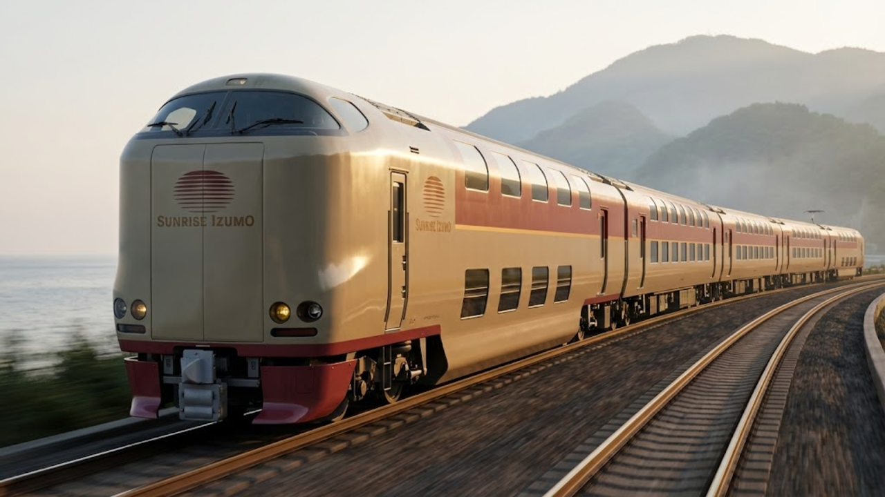 Trem Sunrise Izumo curvando nos trilhos ao amanhecer (Golden Hour), com montanhas e mar ao fundo
