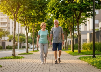 Casal de idosos caminhando felizes em calçada arborizada e segura de São Caetano, sob luz dourada do fim de tarde