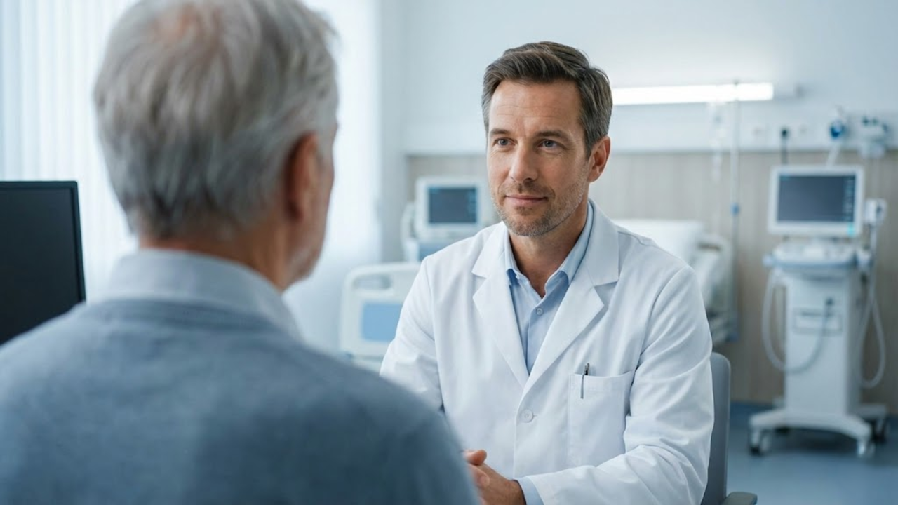 Plano sobre o ombro mostrando um médico atencioso ouvindo um paciente idoso em um consultório moderno e bem equipado