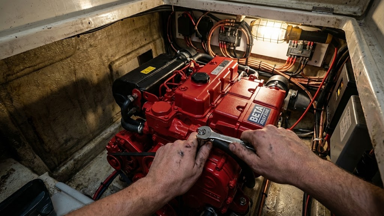 Ponto de vista (POV) dentro da casa de máquinas, focando na instalação do novo motor diesel vermelho e fiação nova.