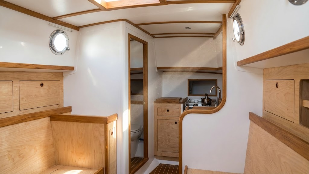 Interior da cabine renovada com paredes brancas, detalhes em madeira teca e luz do sol entrando pela escotilha