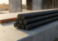 Feixe de vergalhões de basalto preto e texturizado em destaque, com um vergalhão de aço enferrujado desfocado ao fundo.