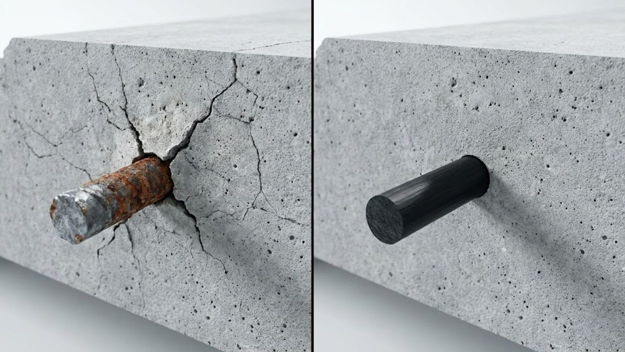 Macro comparativo: corte de concreto mostrando aço enferrujado e rachando versus o basalto intacto e perfeito.