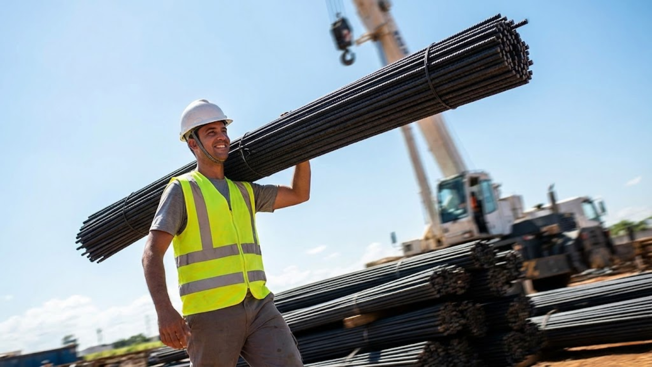 Operário carregando sem esforço um grande feixe de vergalhões de basalto no ombro, demonstrando a leveza do material