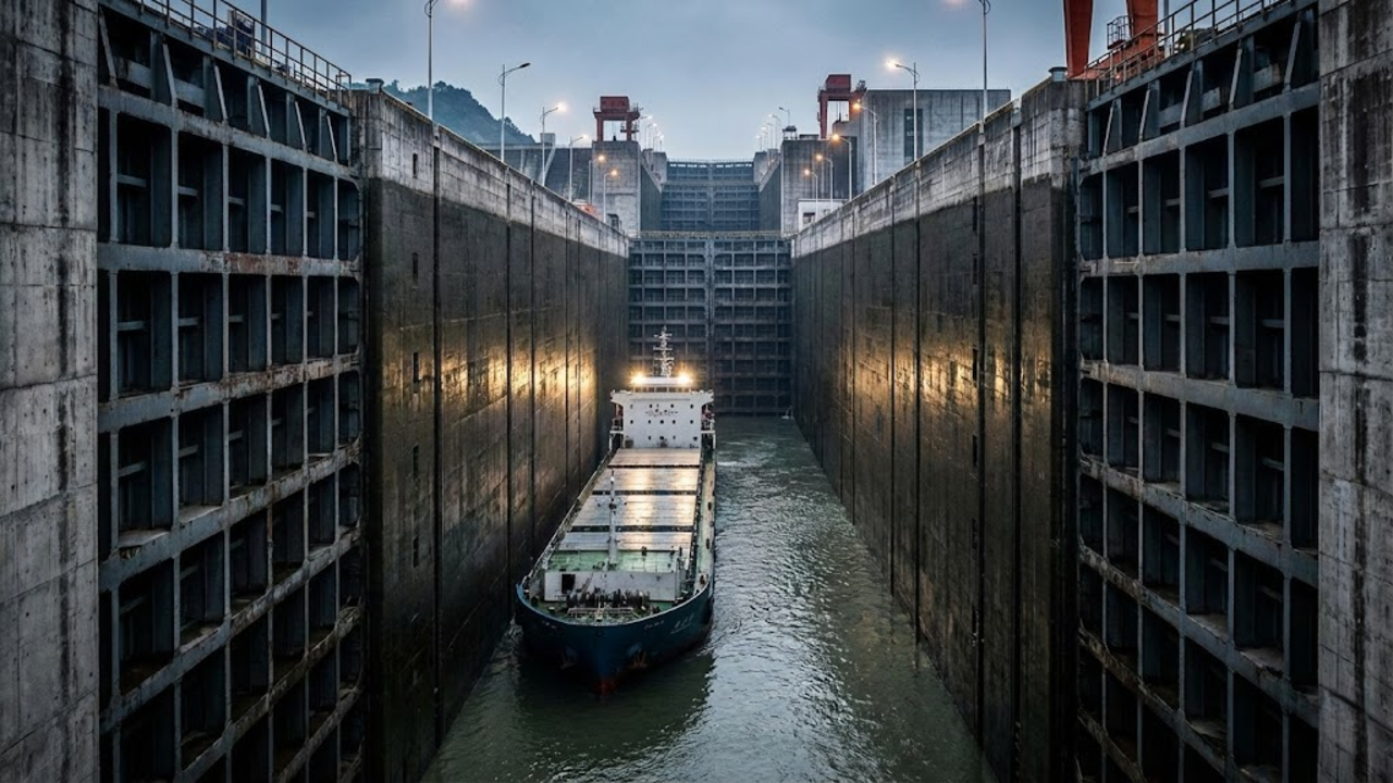 Plano aberto das gigantescas eclusas de navegação da represa, com um navio de carga pequeno entre as paredes de concreto