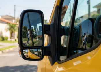 Retrovisor de van escolar amarela com espelho convexo auxiliar, refletindo um aluno na calçada, sob luz solar