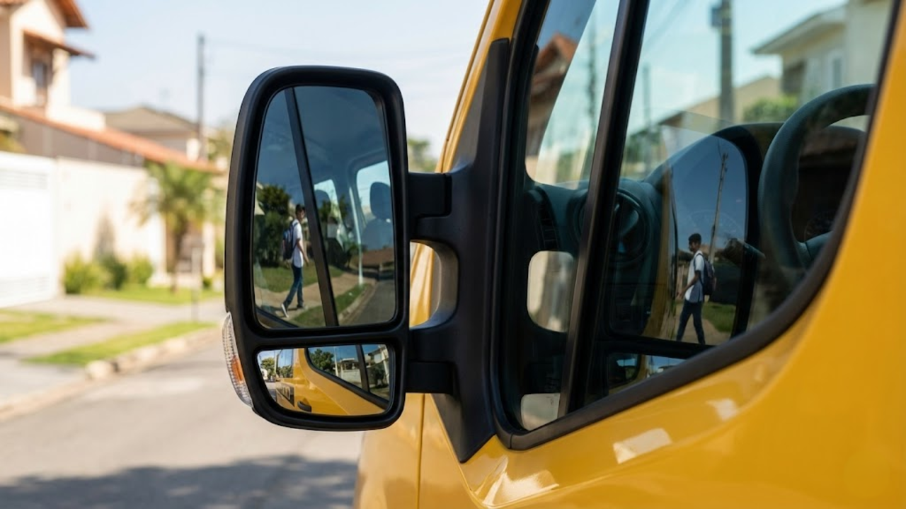 Retrovisor de van escolar amarela com espelho convexo auxiliar, refletindo um aluno na calçada, sob luz solar