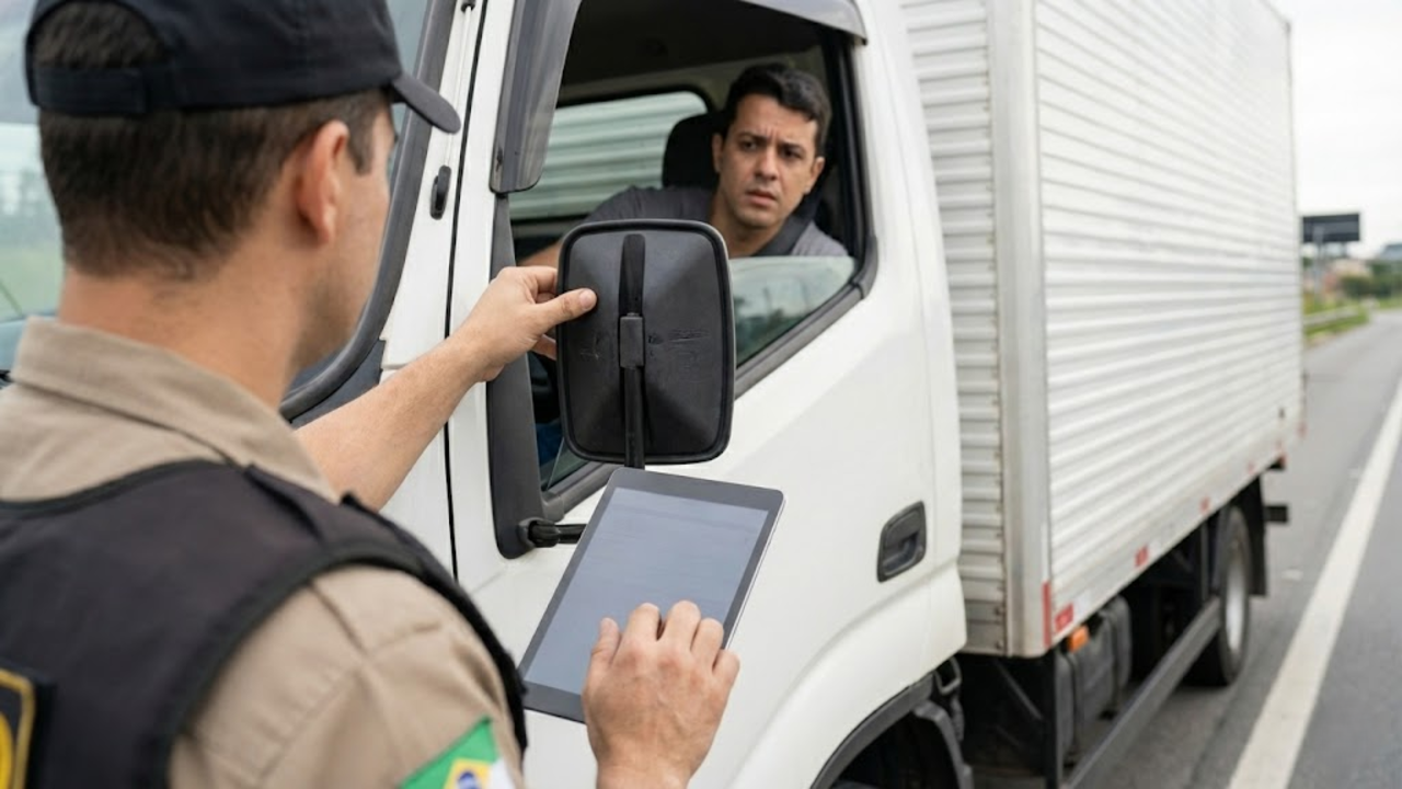 Agente de trânsito fiscalizando o retrovisor irregular de um caminhão na estrada, com o motorista preocupado ao fundo.