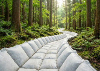 Canal de drenagem finalizado em uma floresta japonesa, feito com o molde de tecido que parece um 'colchão de concreto', limpo e eficiente
