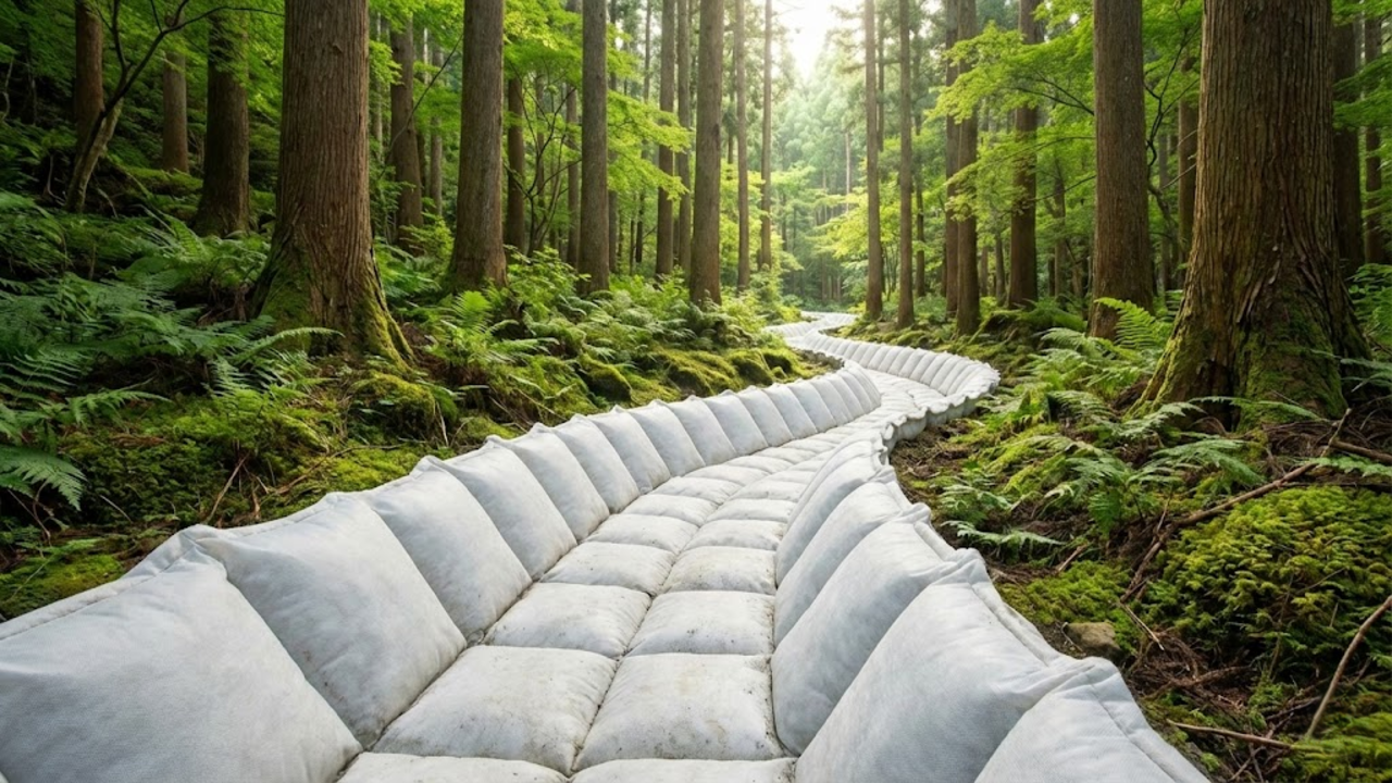 Canal de drenagem finalizado em uma floresta japonesa, feito com o molde de tecido que parece um 'colchão de concreto', limpo e eficiente