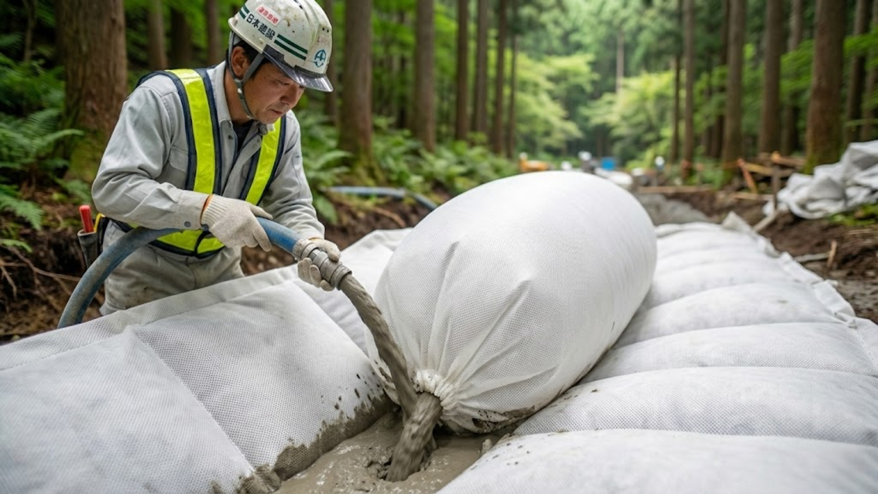 Close da injeção de argamassa: o tecido branco inflando como um balão à medida que o concreto é bombeado para dentro