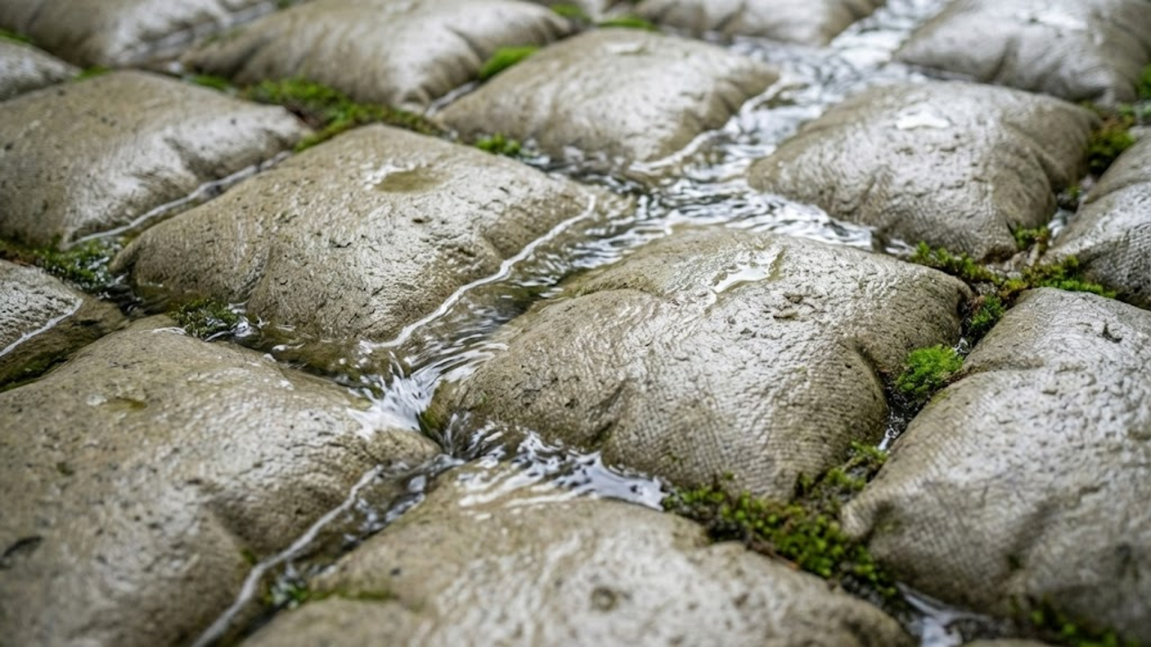 Detalhe da textura rugosa e 'almofadada' do concreto finalizado, com água fluindo por cima e demonstrando a redução de velocidade