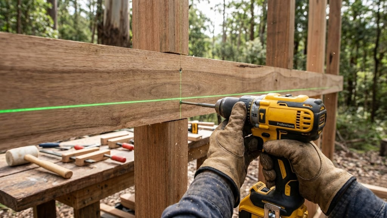 Detalhes da estrutura de madeira elevada e o processo manual de edificação da cabana
