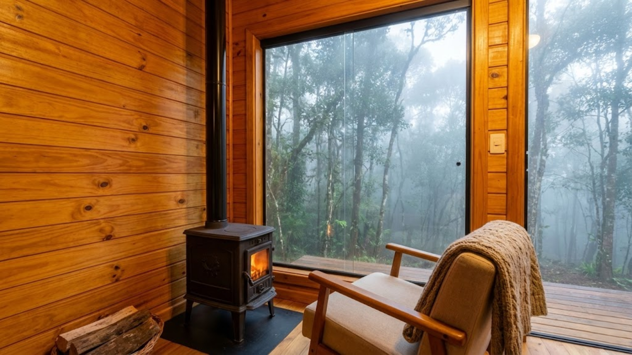 Detalhes da estrutura de madeira elevada e o processo manual de edificação da cabana