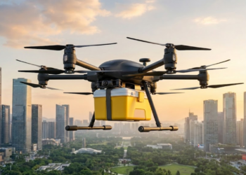 Frota de drones operando rotas aéreas sobre a cidade de Shenzhen para entregas rápidas