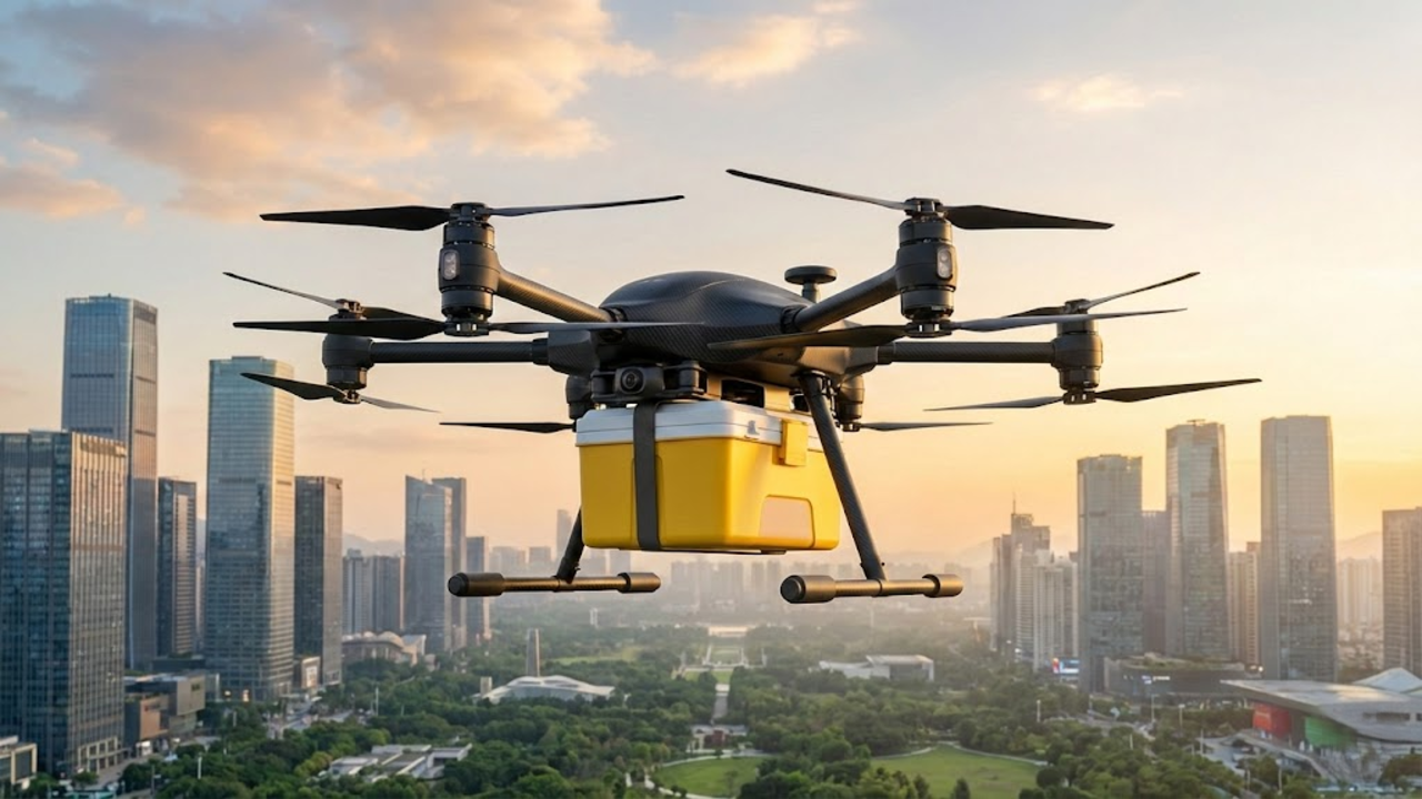 Frota de drones operando rotas aéreas sobre a cidade de Shenzhen para entregas rápidas