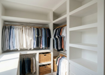 Homem trabalhando em closet de madeira com ferramentas tradicionais e acabamento refinado