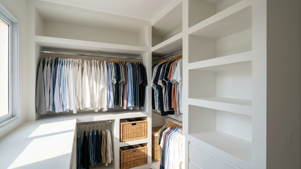 Homem trabalhando em closet de madeira com ferramentas tradicionais e acabamento refinado
