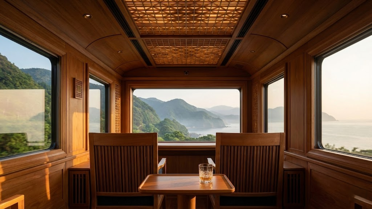 Interior luxuoso do único trem sete estrelas do mundo para apenas vinte passageiros