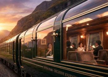 Interior luxuoso do único trem sete estrelas do mundo para apenas vinte passageiros