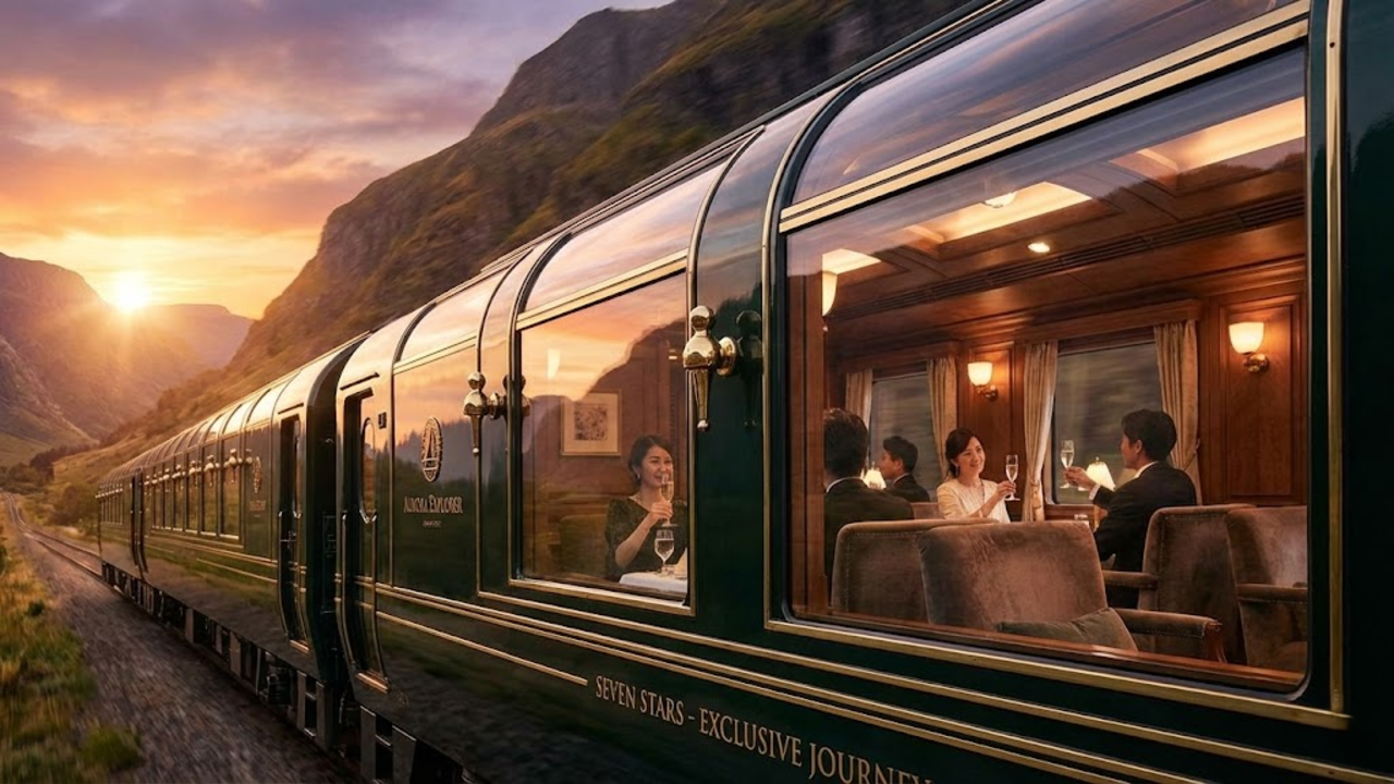 Interior luxuoso do único trem sete estrelas do mundo para apenas vinte passageiros