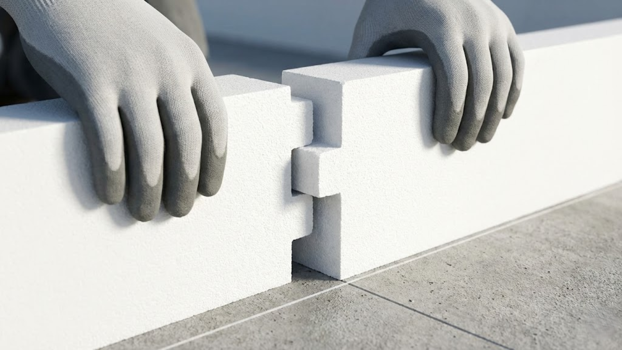 Paredes montadas com sistema de encaixe Arxx em canteiro de obras limpo e organizado