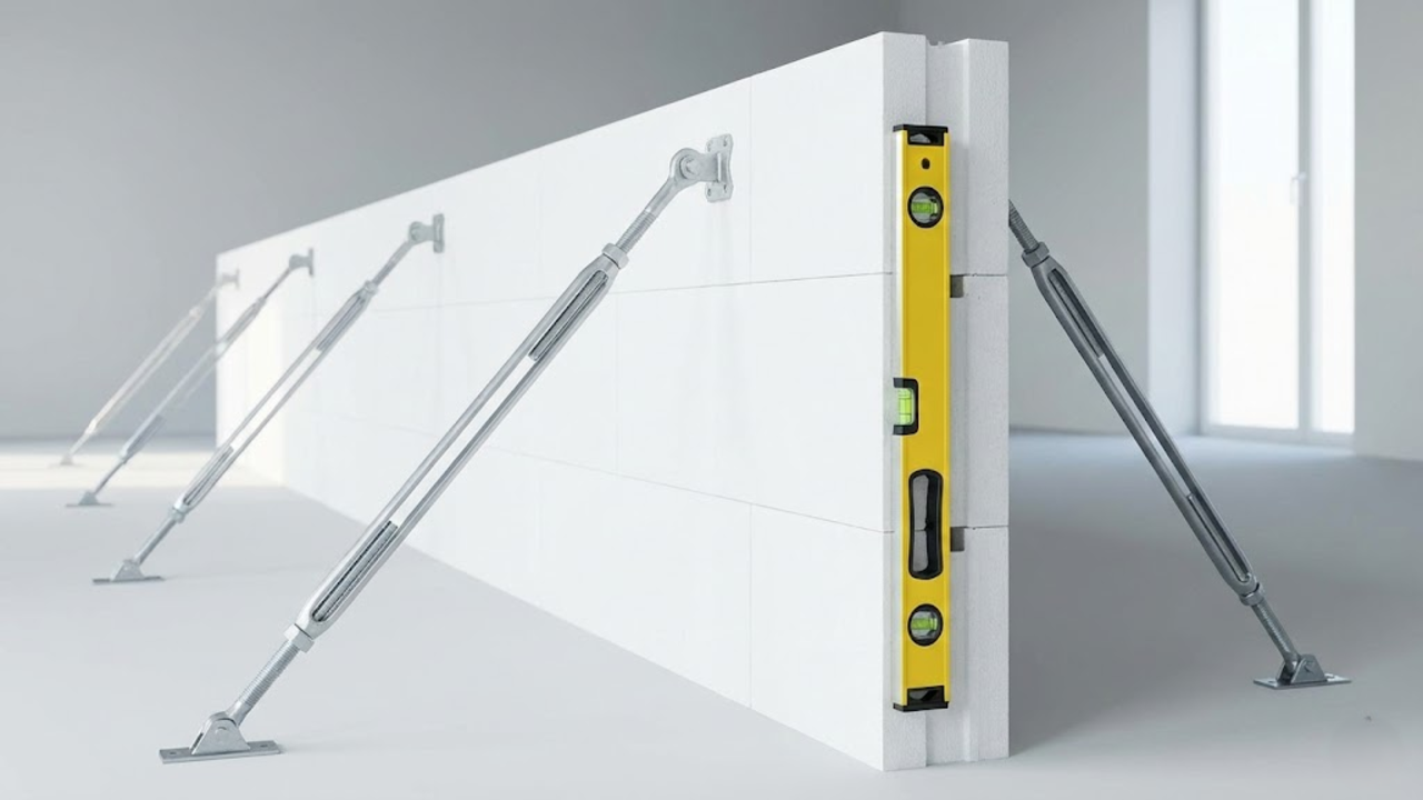 Paredes montadas com sistema de encaixe Arxx em canteiro de obras limpo e organizado