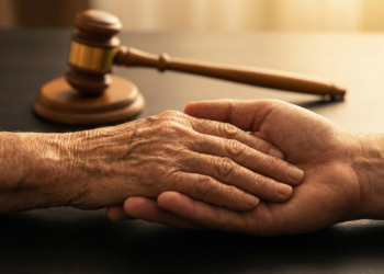 Pessoa idosa amparada por profissional em ambiente seguro conforme a nova legislação