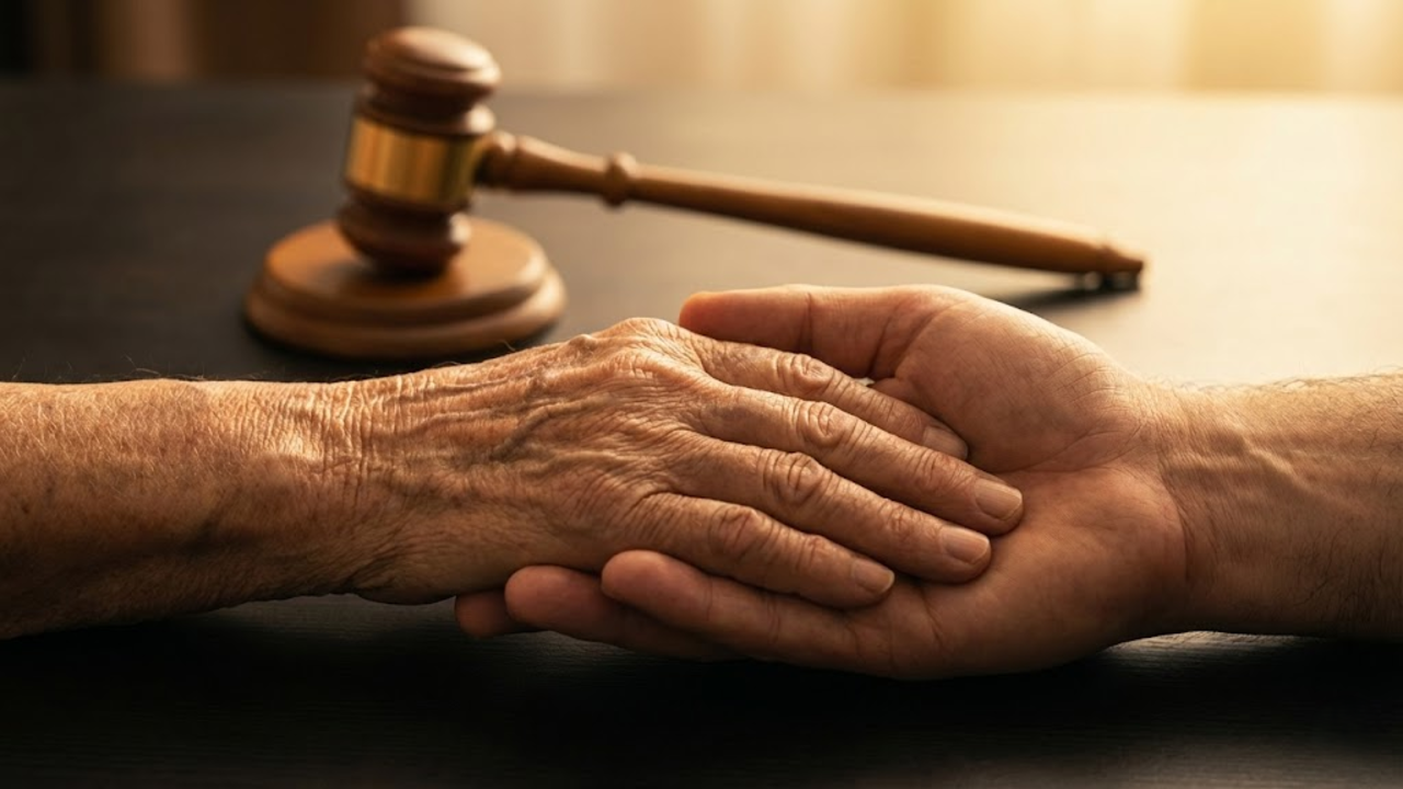 Pessoa idosa amparada por profissional em ambiente seguro conforme a nova legislação