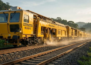 Trem de manutenção com oitocentos metros de extensão renovando trilhos ferroviários