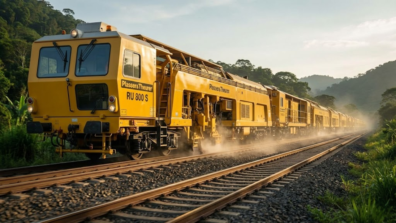 Trem de manutenção com oitocentos metros de extensão renovando trilhos ferroviários