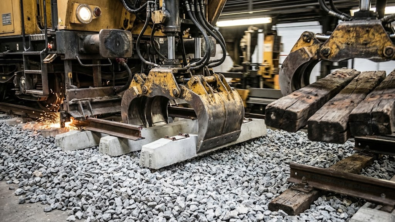 Trem de manutenção com oitocentos metros de extensão renovando trilhos ferroviários