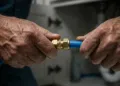 Mãos de encanador experiente realizando conexão rápida entre tubos de PVC sem uso de adesivos