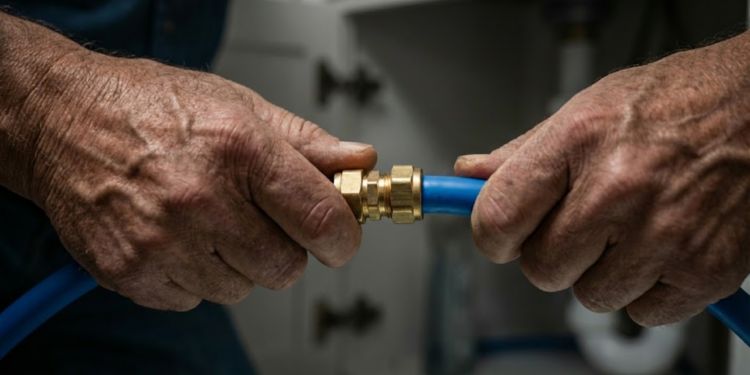 Mãos de encanador experiente realizando conexão rápida entre tubos de PVC sem uso de adesivos