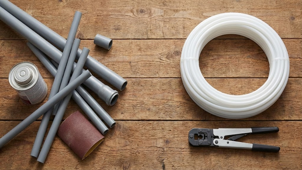 Mãos de encanador experiente realizando conexão rápida entre tubos de PVC sem uso de adesivos