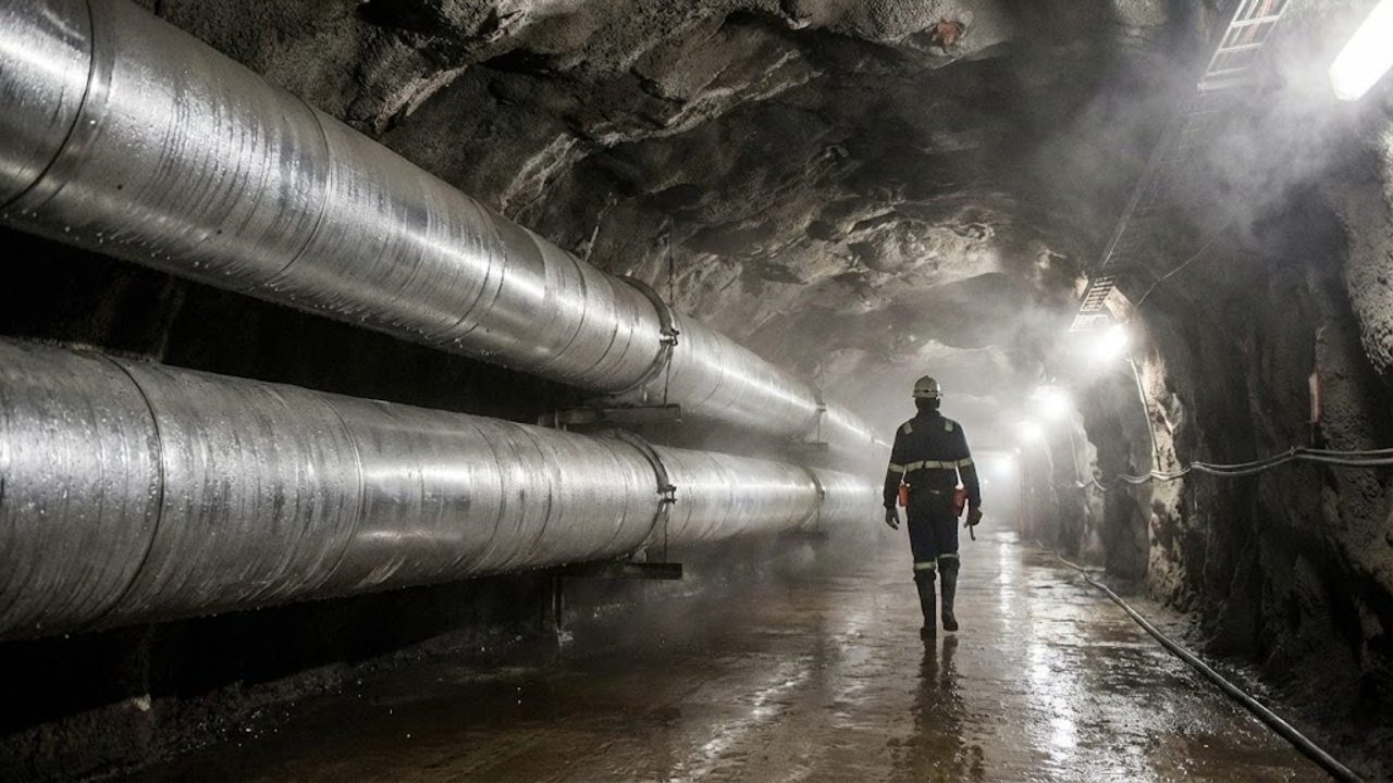 Operários em atividade de extração mineral a quatro mil metros de profundidade