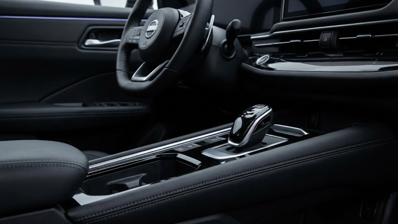 Close no console central moderno sem alavanca de câmbio, mostrando o seletor eletrônico (e-shifter)