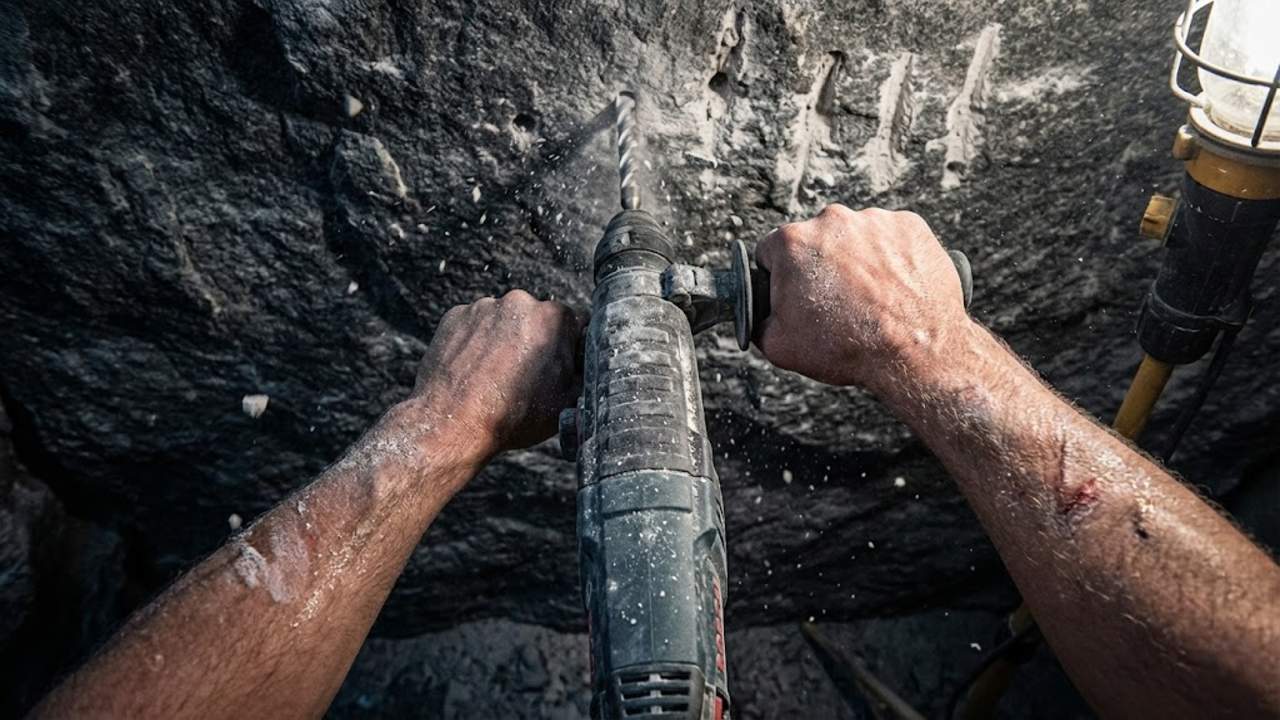 Construtor esculpindo o interior de uma rocha gigante para criar uma casa funcional