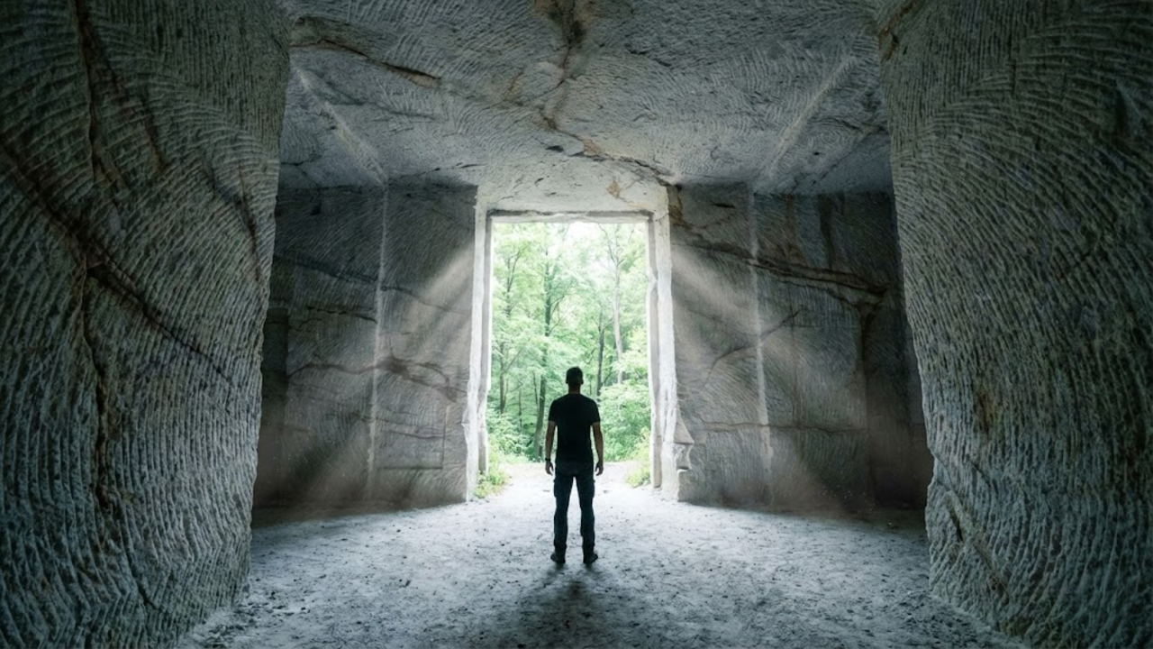 Construtor esculpindo o interior de uma rocha gigante para criar uma casa funcional