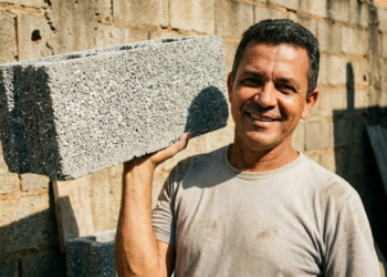 Homem levanta bloco de isopor leve com facilidade sob o sol tropical.