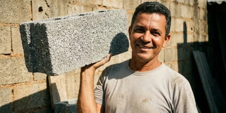 Homem levanta bloco de isopor leve com facilidade sob o sol tropical.